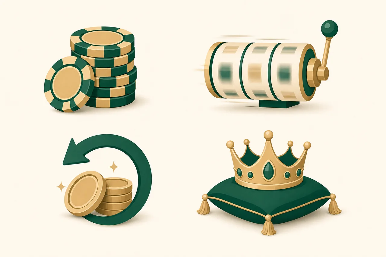Cuatro objetos representando los tipos de bono sin rollover: fichas, giros gratis, cashback y recompensas VIP